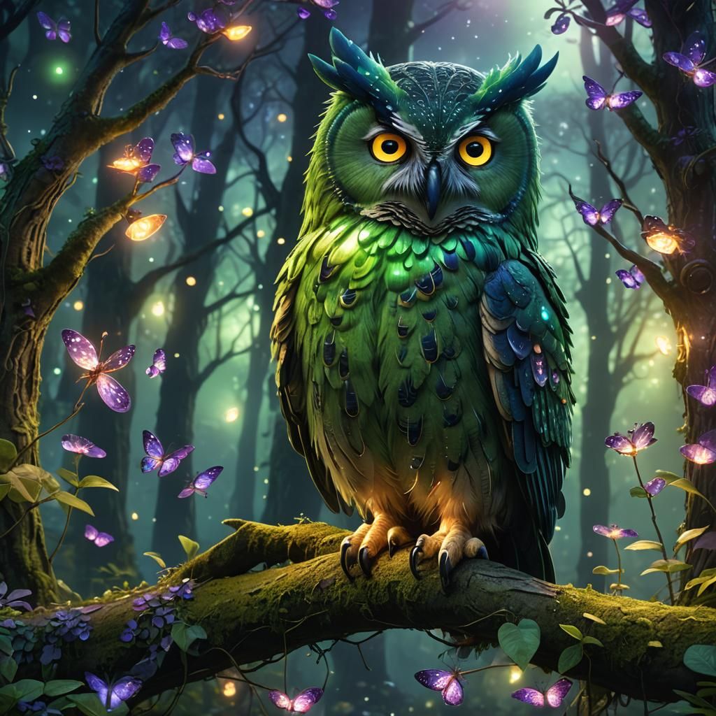 Mystical Green Owl in Enchanted Forest: Digital Matte Painti...