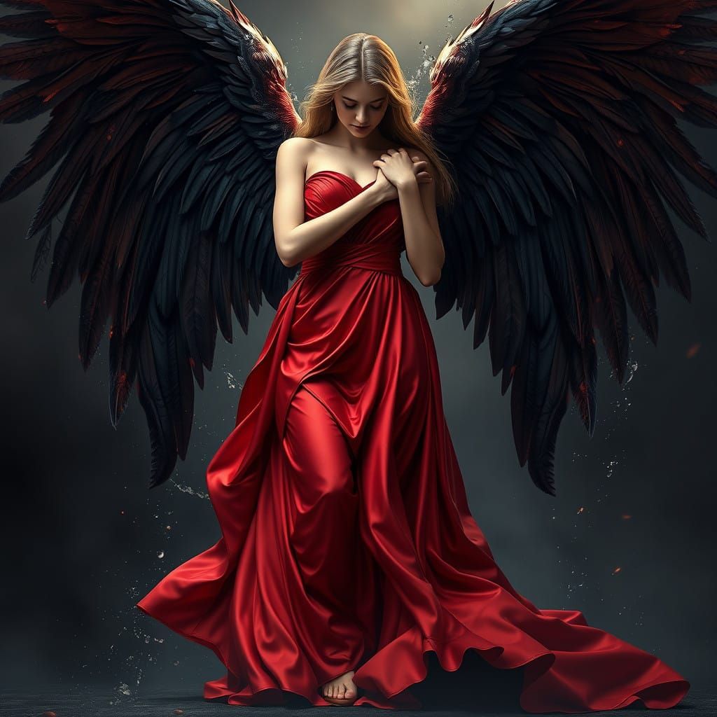 Realistic Angel and Mournful Man in Splendid Red Attire