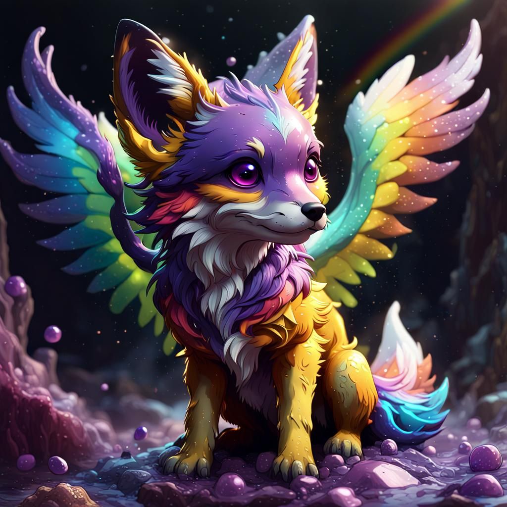 Rainbow Winged Slime Fox Pup in Dark Fantasy Style