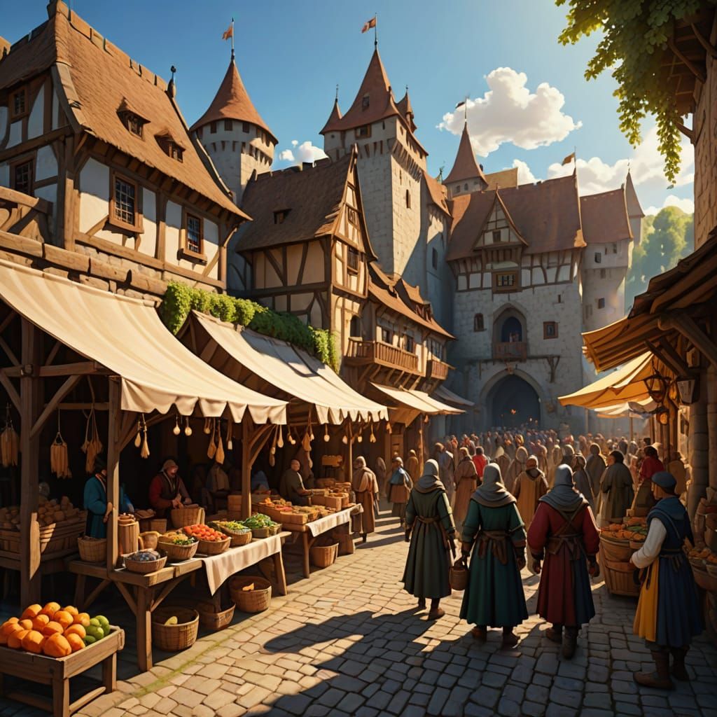 Medieval Market at Castle Village: Fantasy Digital Art