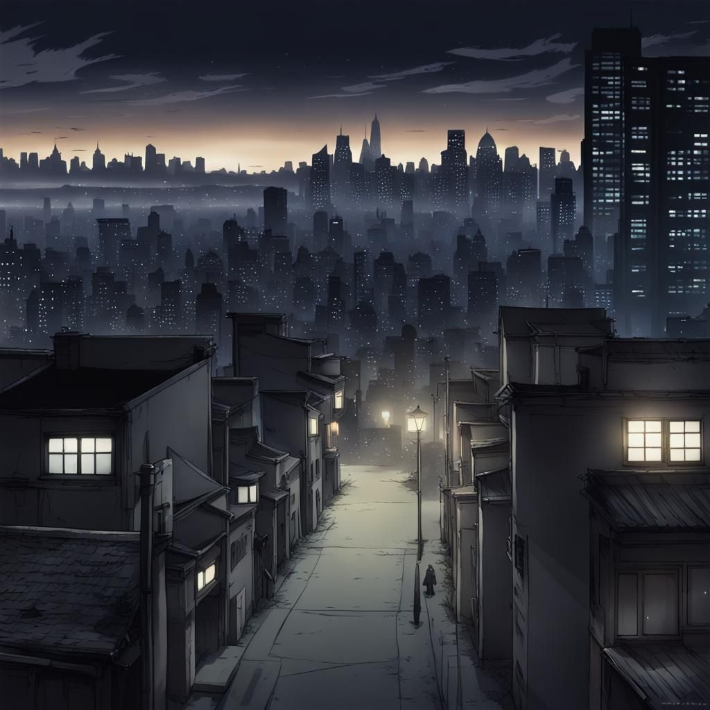 Anime Style Dark Night Cityscape Scene