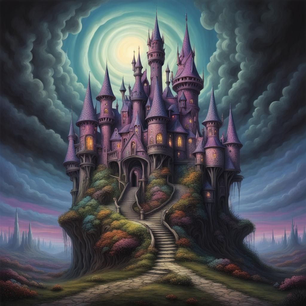 Psychedelic Fantasy Castle, Whimsical Illustration