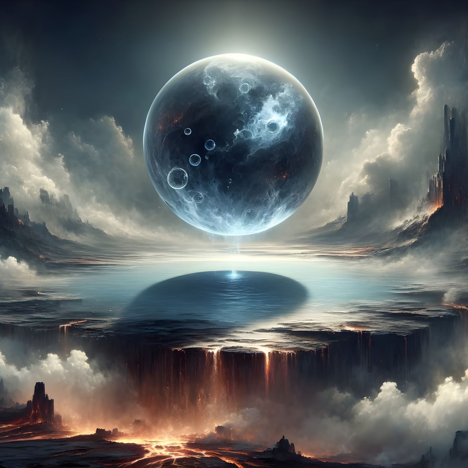 Water Orb Above Volcanic Crater in Dark Fantasy