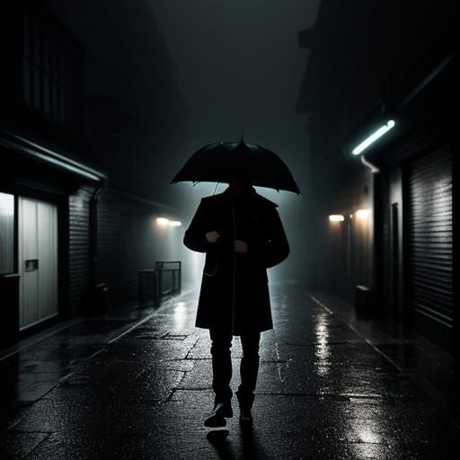 Moody Figure in Rainy Alley, Hyperrealistic Film Still