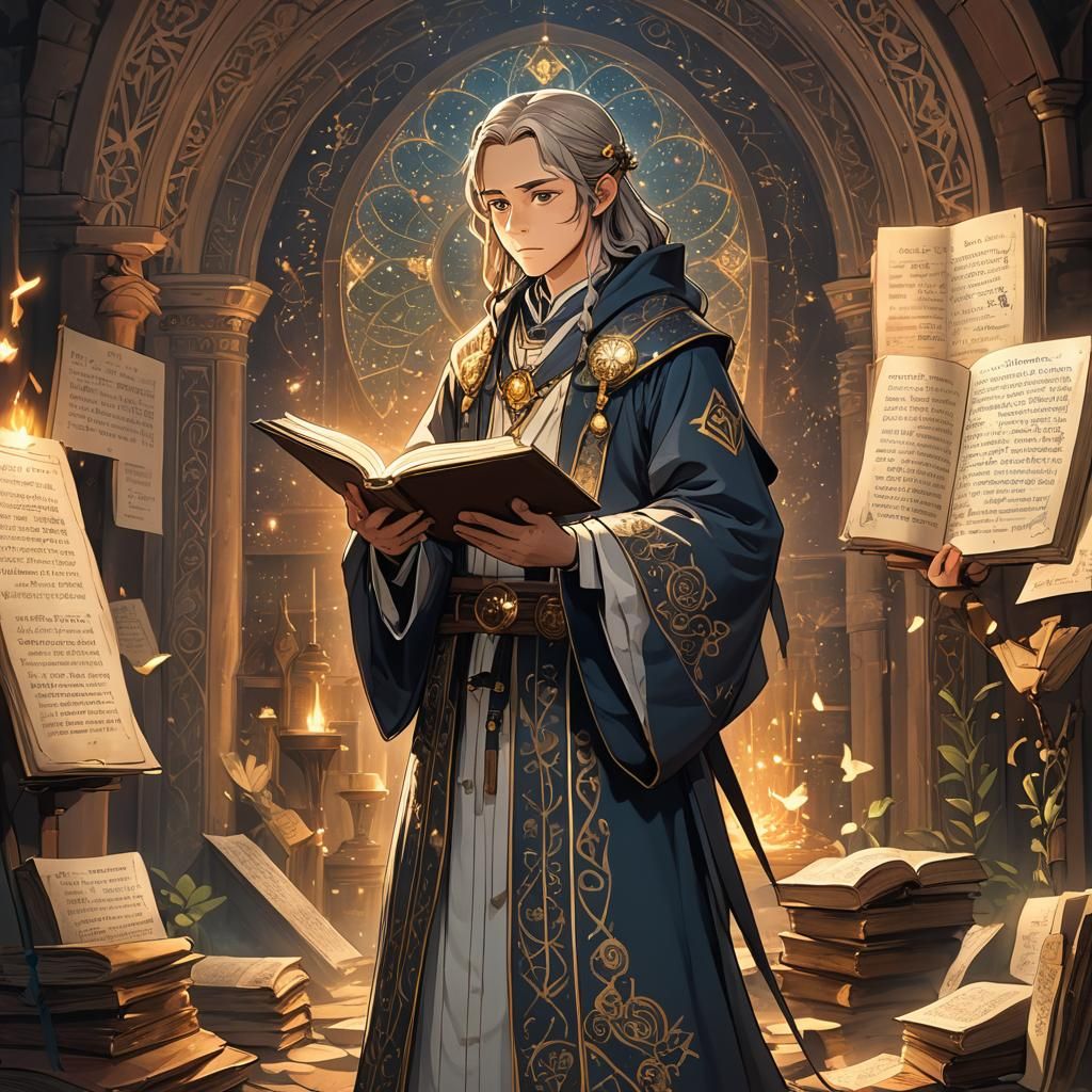 Solemn Priest with Sacred Texts: Anime Style