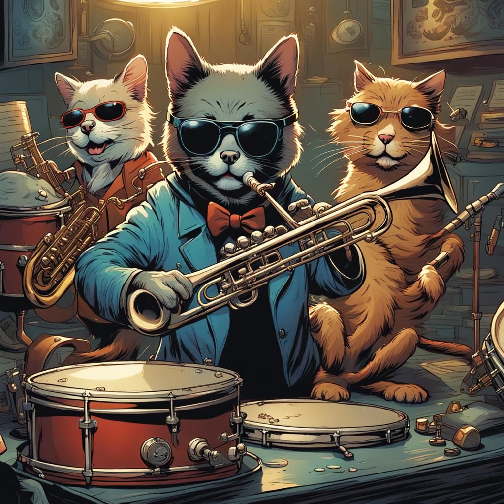 Animals Playing Musical Instruments in Comic Book Style