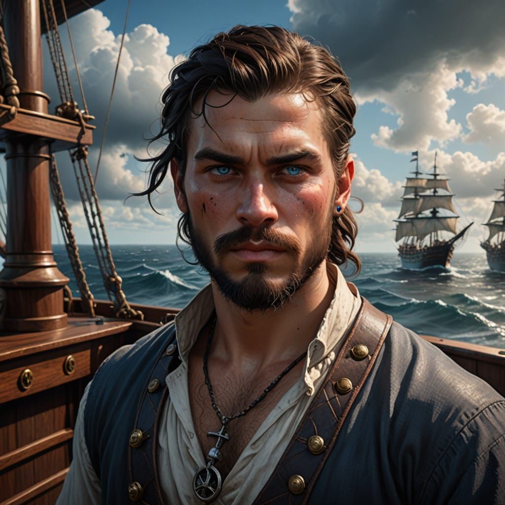 Stunning Pirate Portrait on Ship Deck in Realistic Style