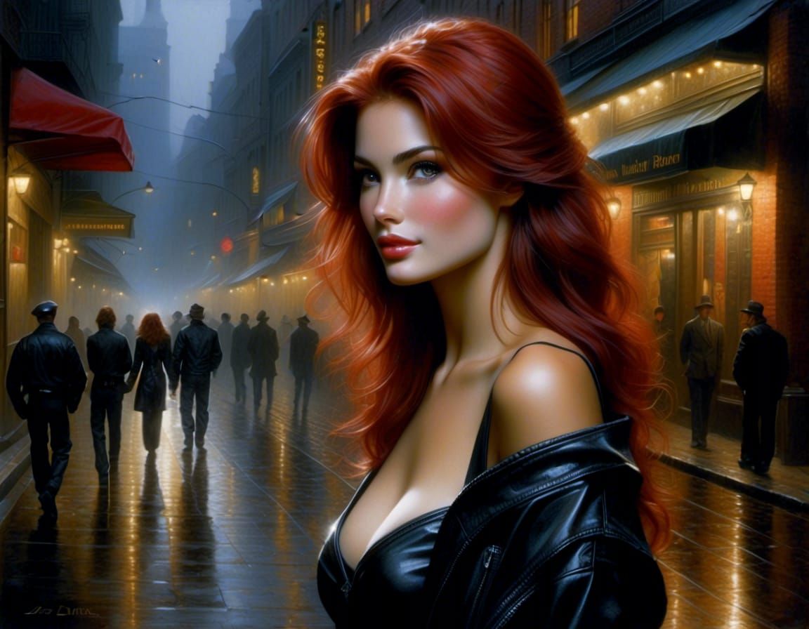 Red-Haired Woman in City Street, Realism Style