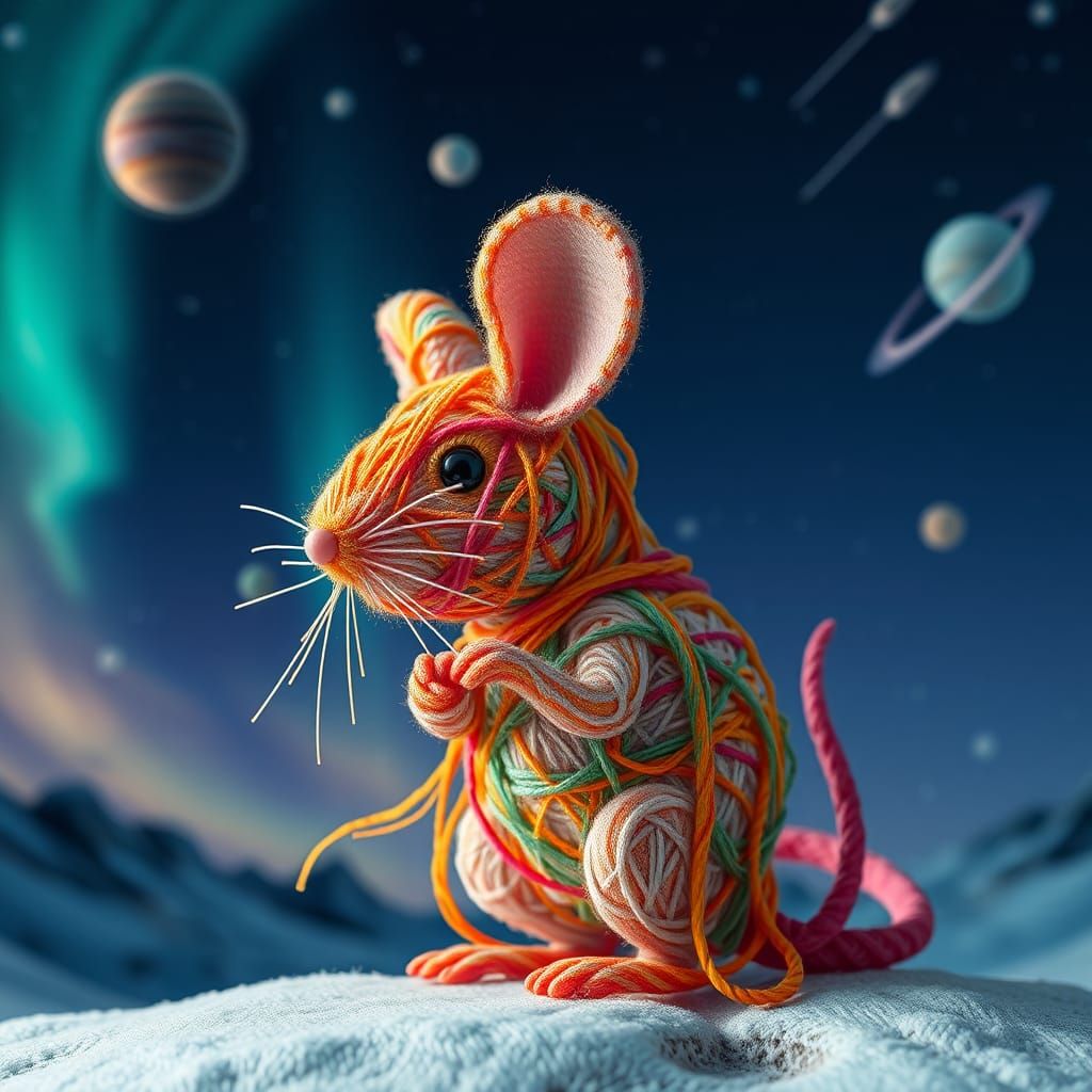 Chibi Yarn Mouse in a Hyperrealistic Night Sky