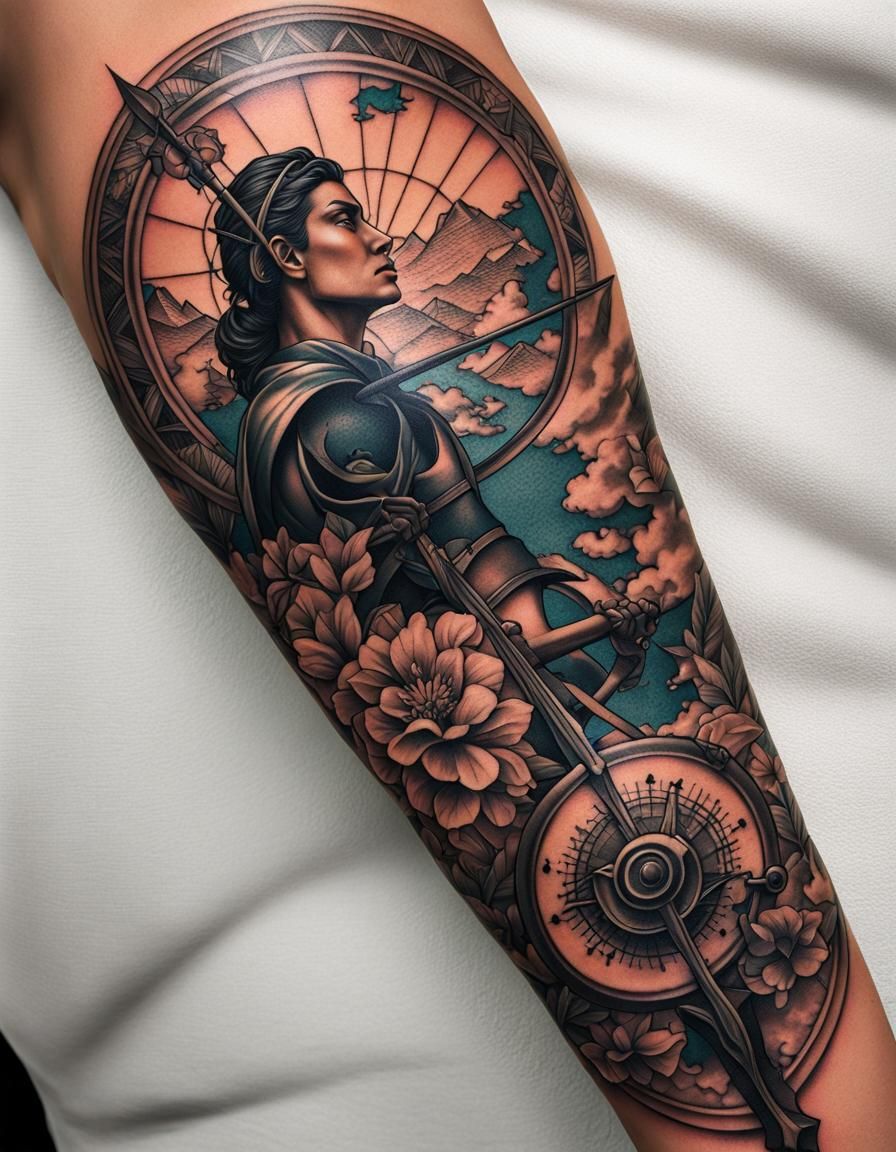 Sagittarius Tattoo with Samoan Art and World Map