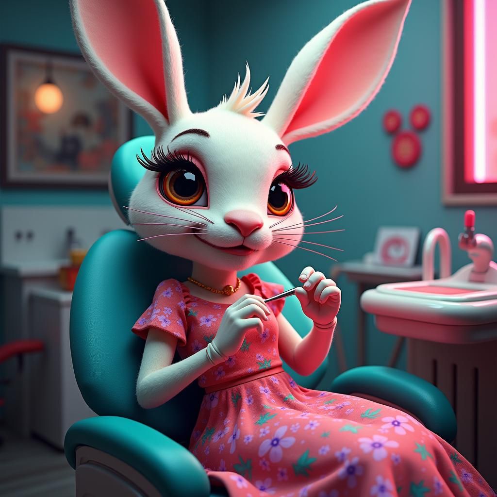 Cartoon Rabbit Character Examined by Dentist, Fantasy Art