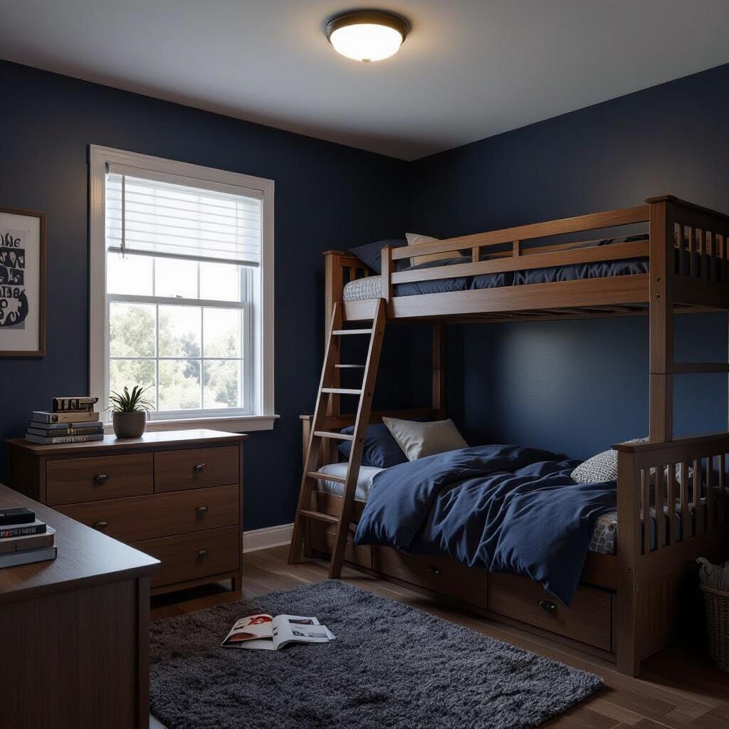Dimly Lit Navy Blue Bedroom with Bunk Bed