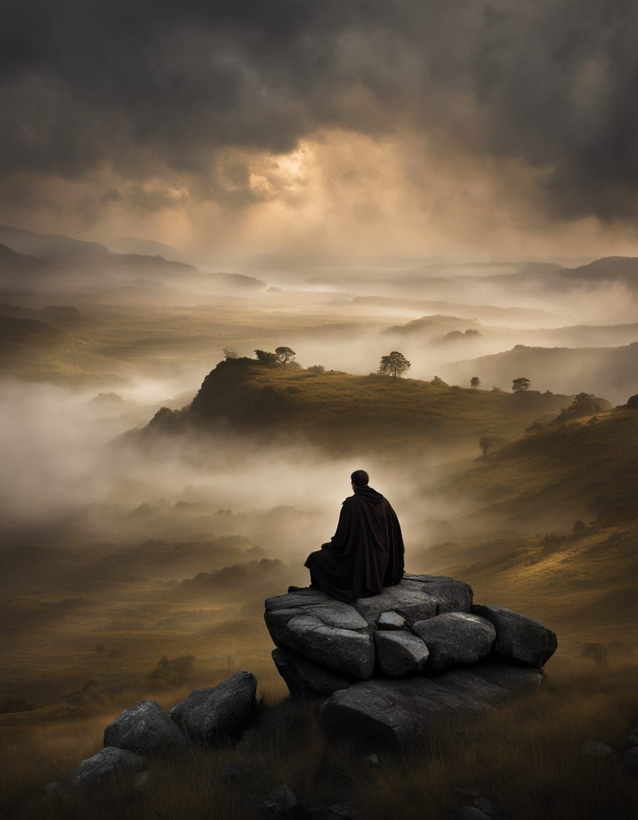 Monk Meditating in Misty Valley: Romantic Landscape