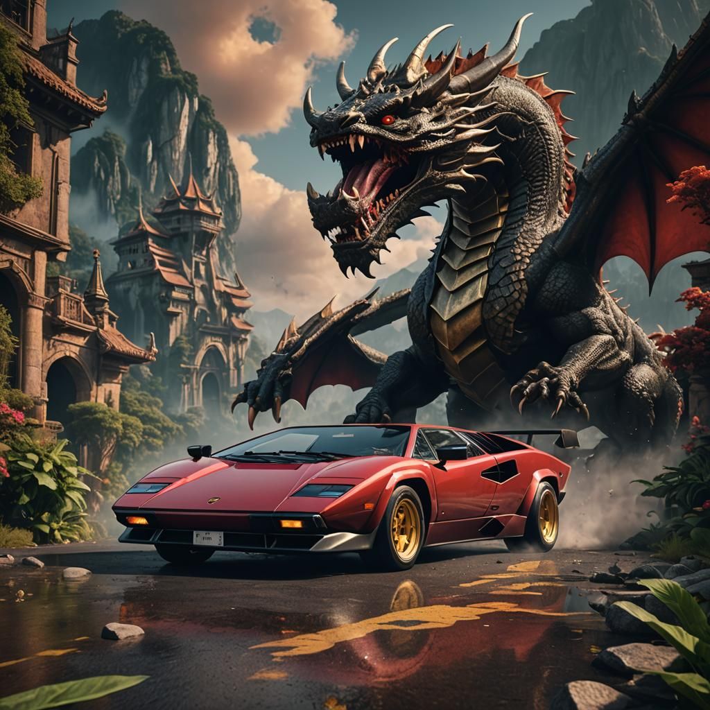 Lamborghini Countach with Dragon: Detailed Matte Painting