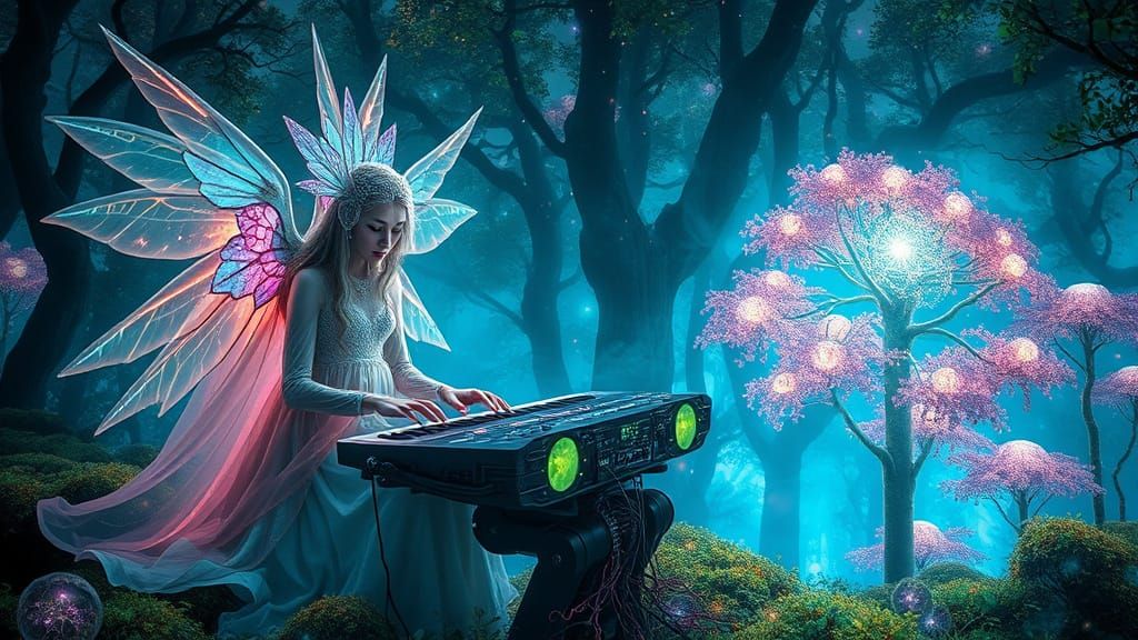 Ethereal Poets in Stained Glass Forest Amidst Swirling Nebul...