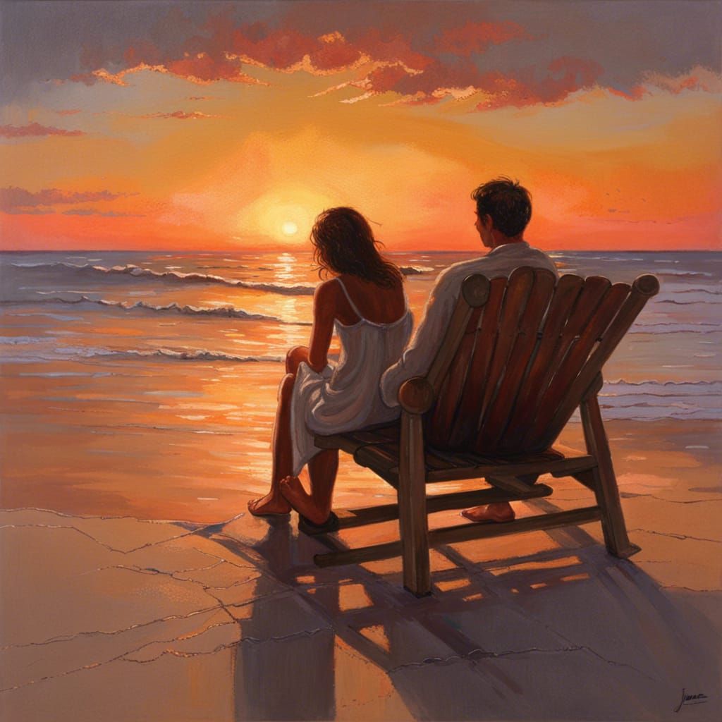 Lovers at Sunset: Oil Painting Beach Scene