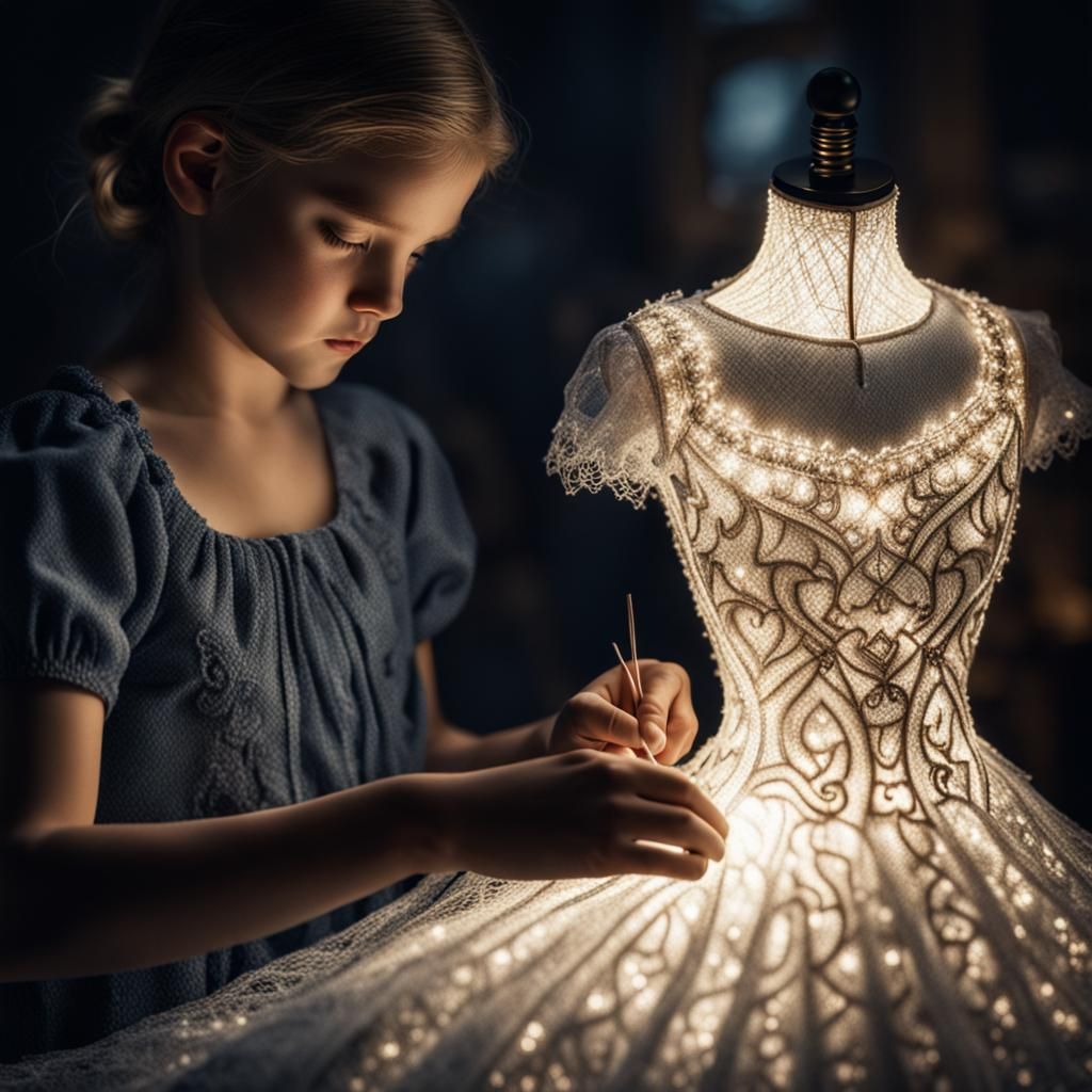 Girl Sewing a Dress of Light: Hyperrealistic Image