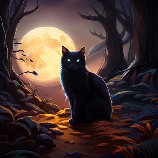 Black Cat and Witch in Forest Digital Painting