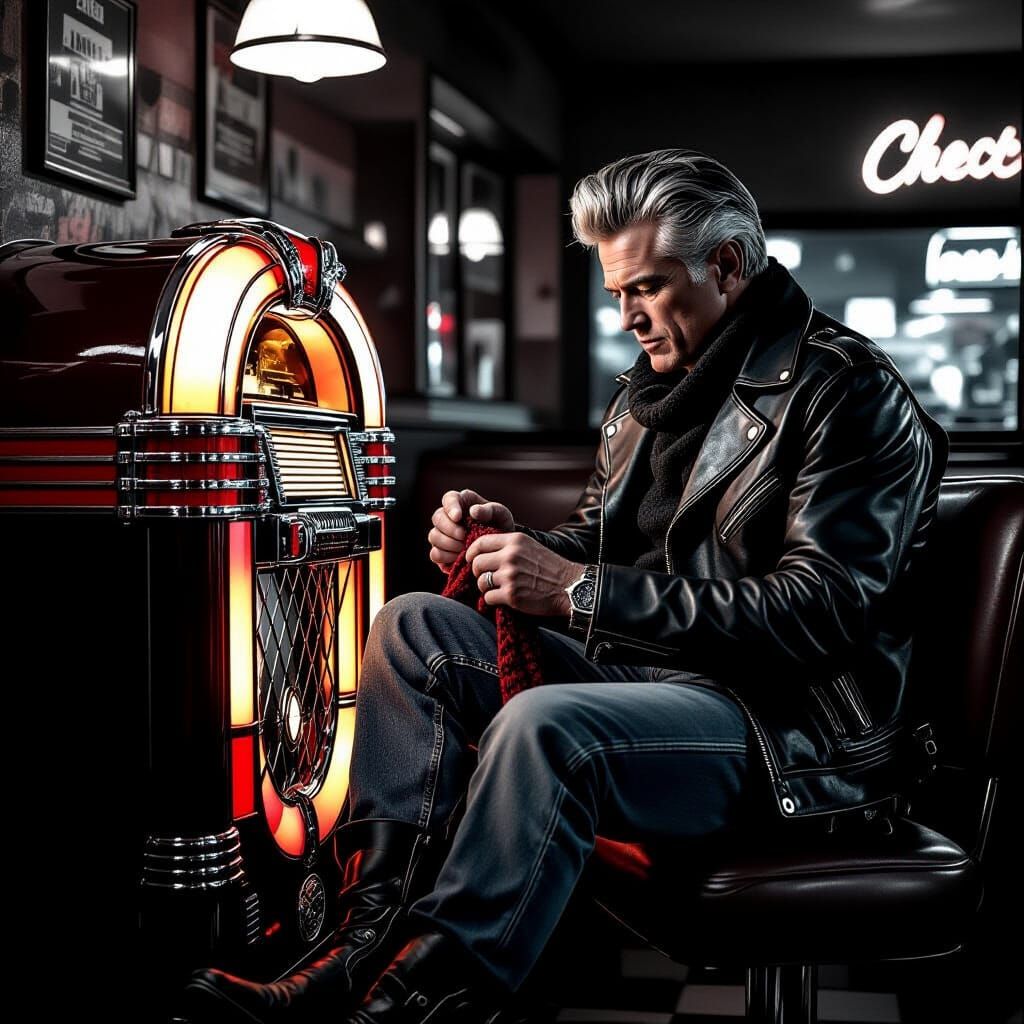 Elderly Greaser Knitting in Diner: Film Noir Photograph