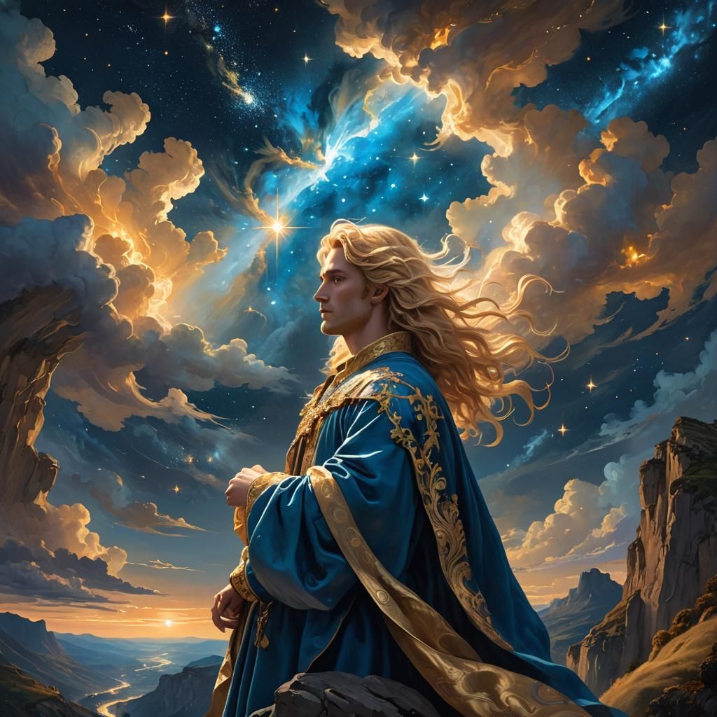 Celestial Figure Overlooking Starry Landscape in Baroque Sty...