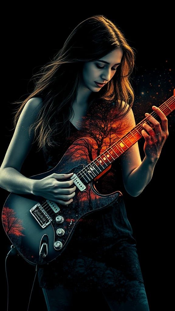 Transparent Woman Guitarist in Double Exposure Art
