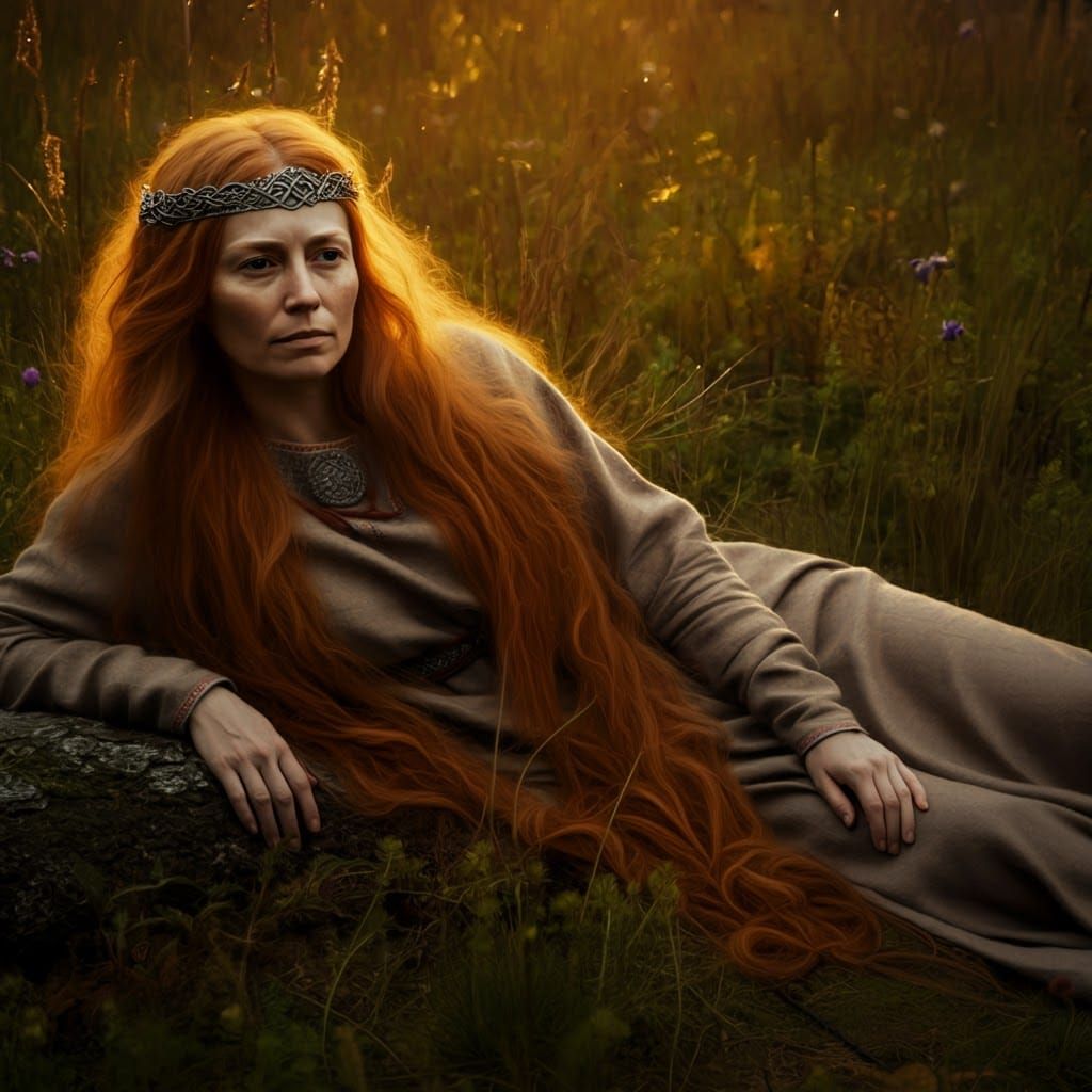Iron Age Latvian Goddess in a Meadow, Digital Art