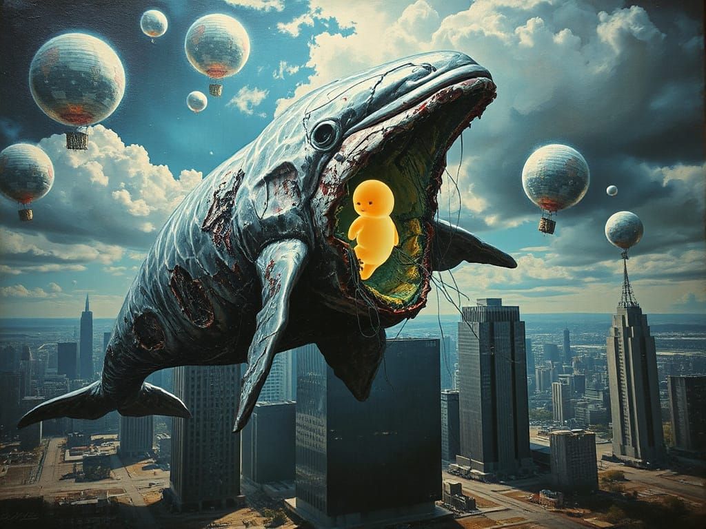 Rotting Space Whale Over Chrome City: Digital Encaustic Art