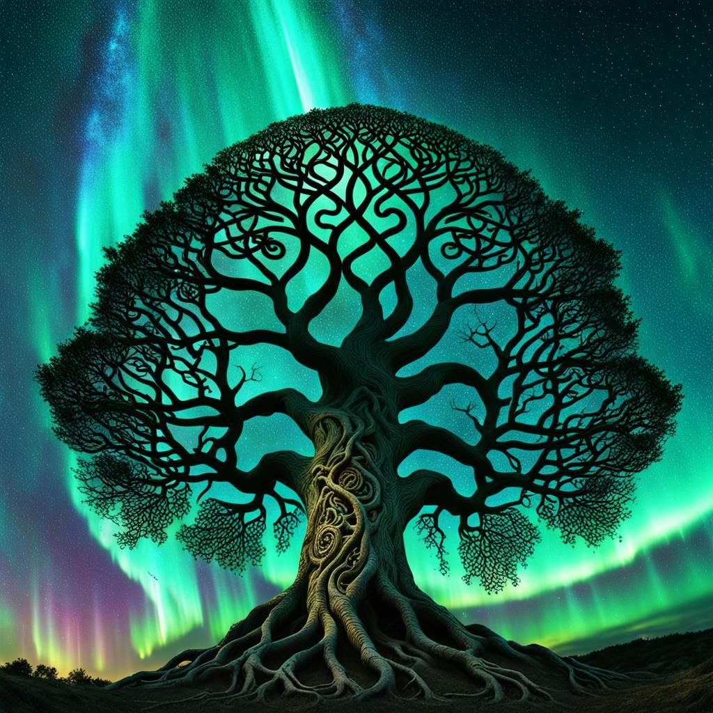 Yggdrasil: The Celtic Tree of Life Under Aurora