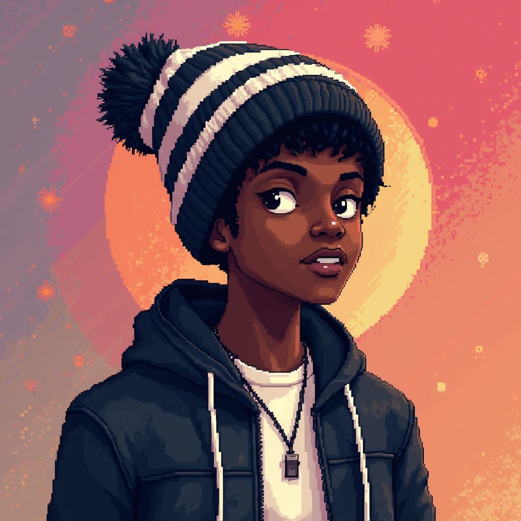 Pixel Art Character in Afrofuturist Beanie