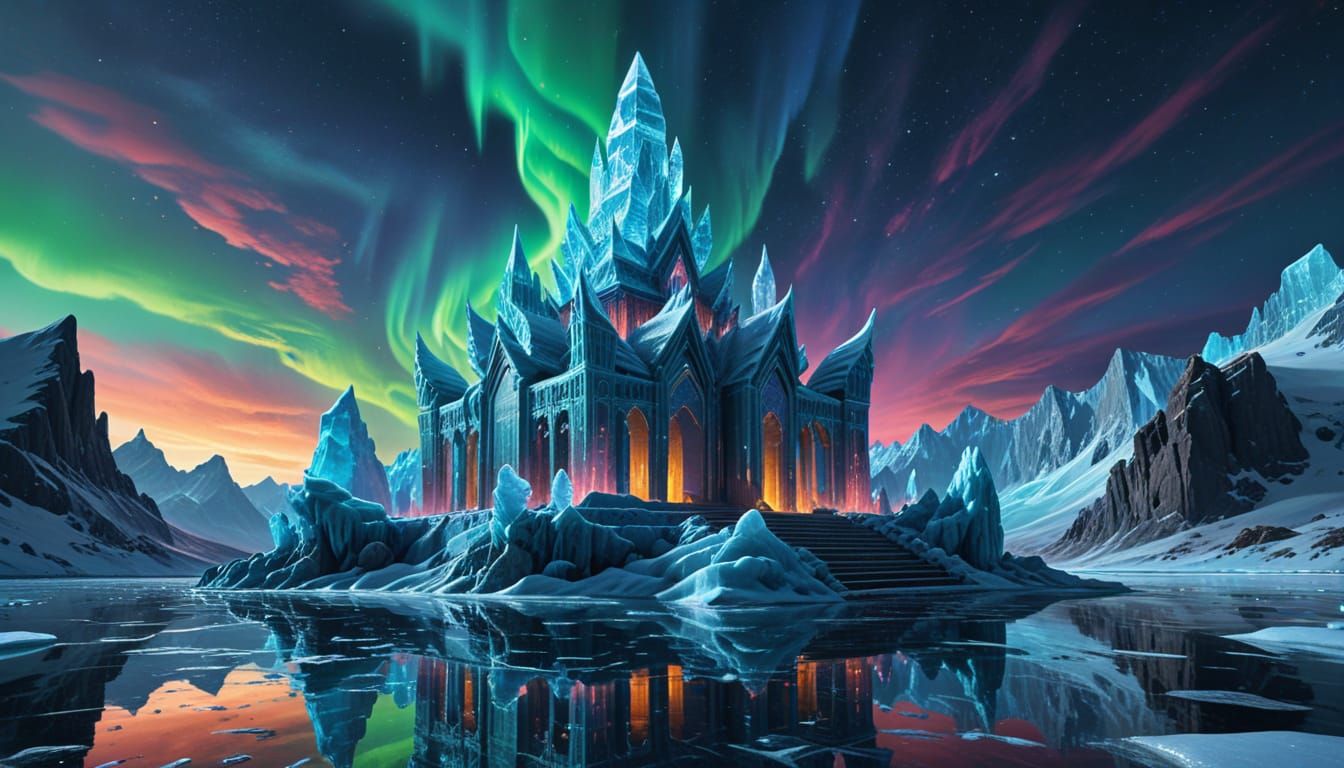 Crystalline Temple Emerges from Frozen Dreamlike Lake