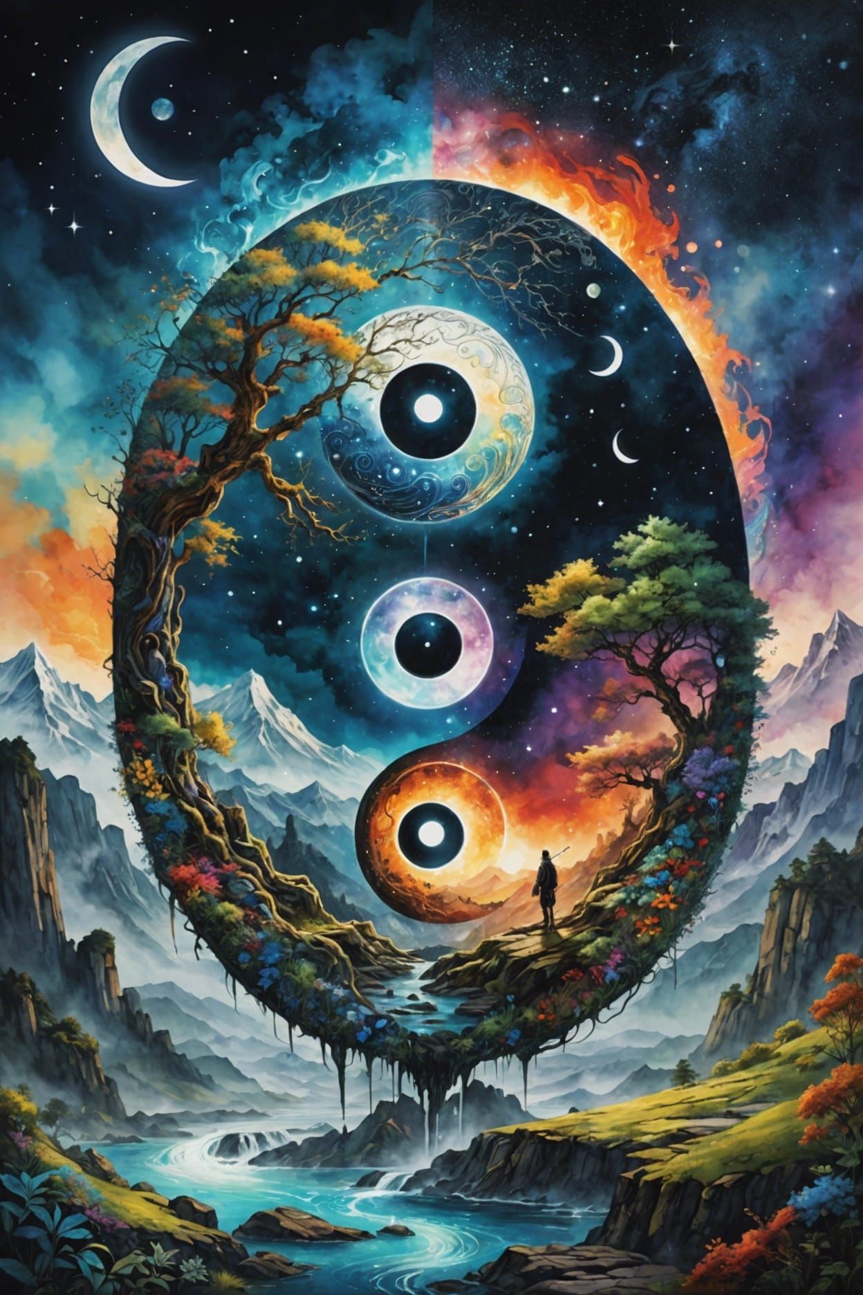 Yin Yang Symbol of Peace and Fear in Watercolor