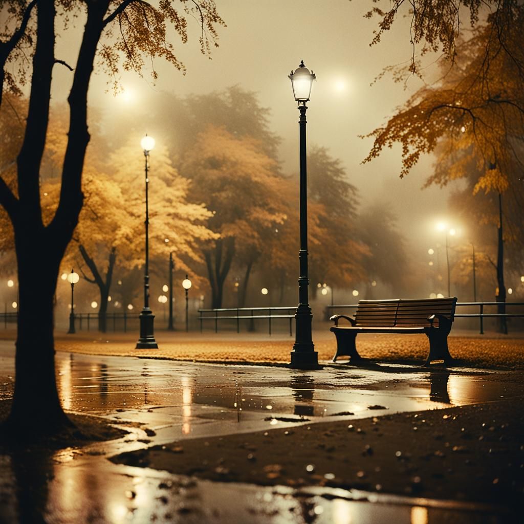 Lonely Figure in Rainy Autumn Park: Polaroid Style