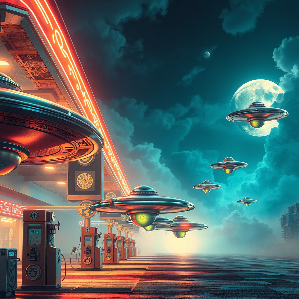 Flying Saucers Refuel at Retro Gas Station