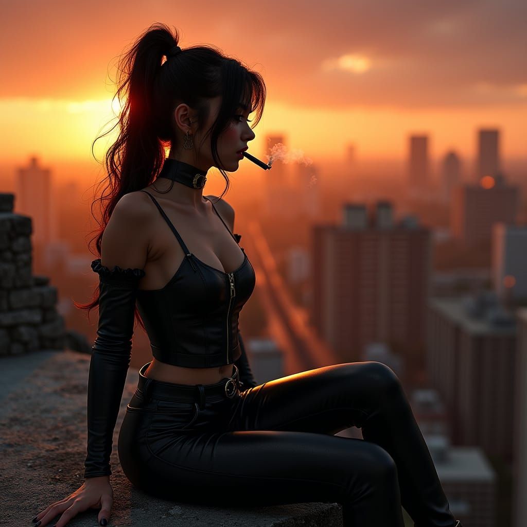 Brunette Woman on Rooftop at Sunset, Realistic Concept Art