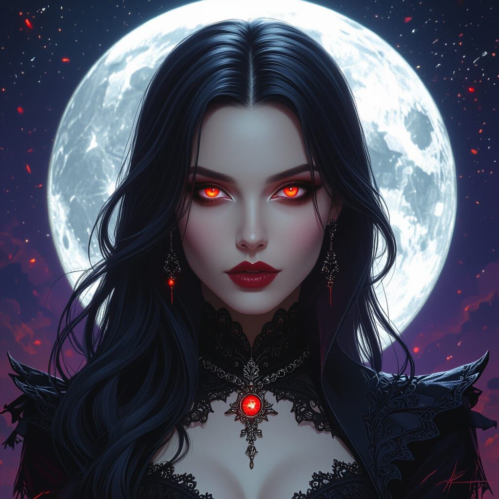 Gothic Vampire Woman Portrait With Silver Moon