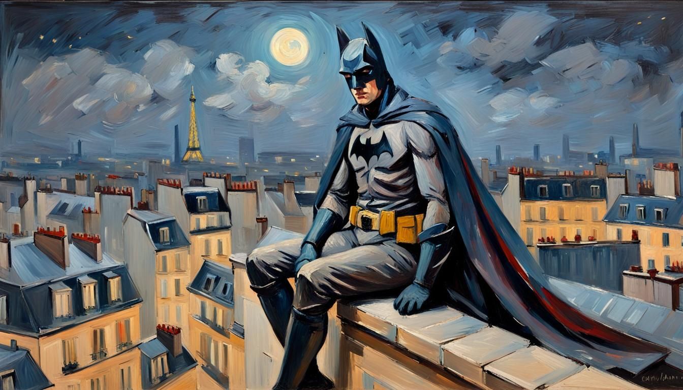 French Batman on Parisian Rooftop: Impressionist Oil Paintin...