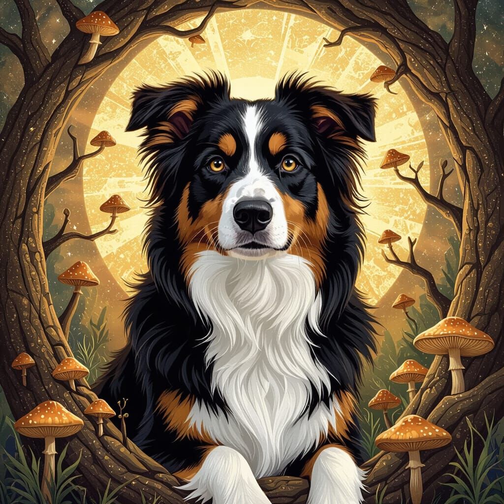 Border Collie in Astral Golden Tree Illustration