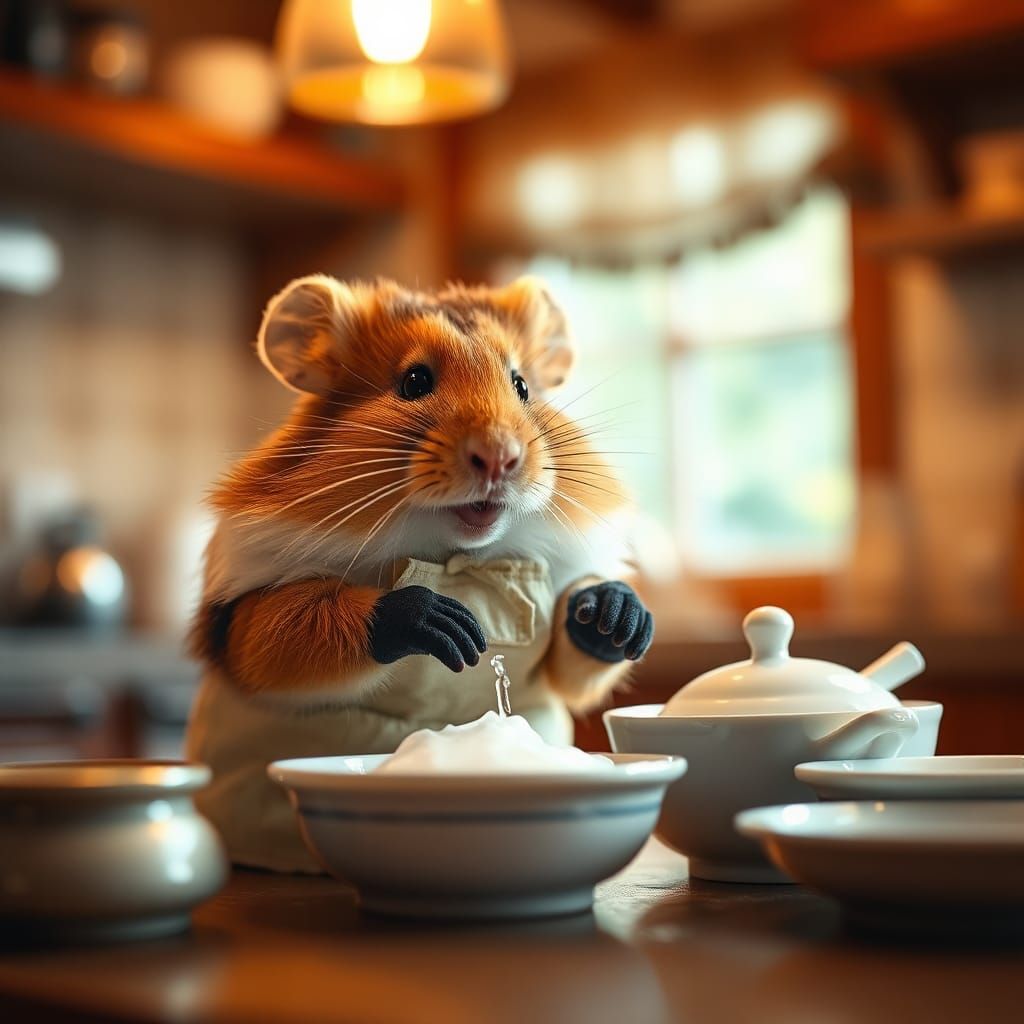 Hamster Washing Dishes in Cozy Kitchen, Professional Photogr...