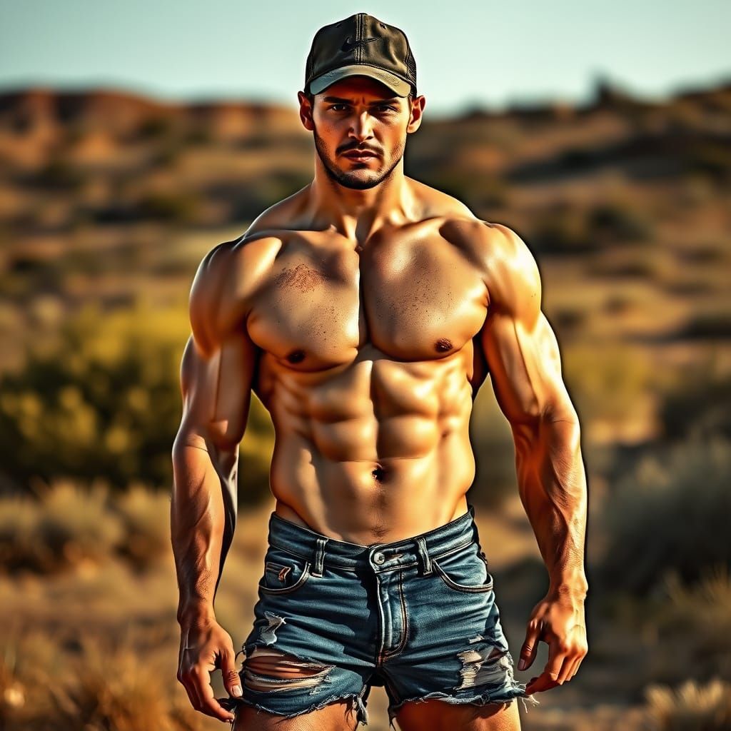 Muscular Man Posing in Sunny Landscape