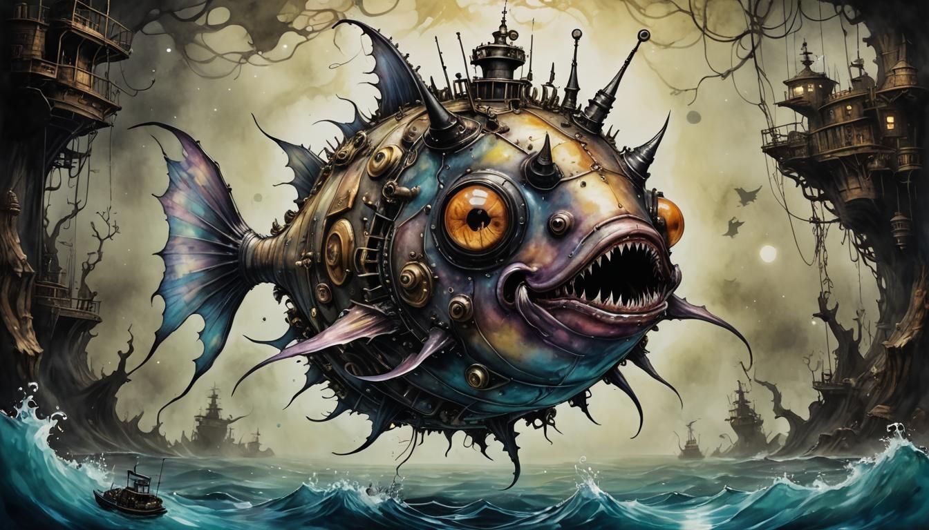 Dieselpunk Anglerfish: A Dark Alcohol Ink Fusion