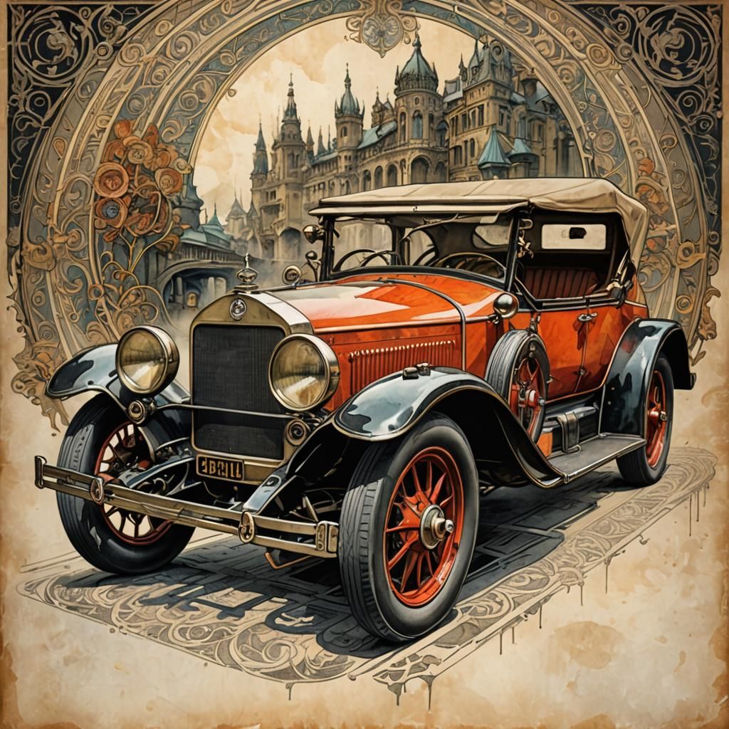 Antique Car in Mixed Media Style