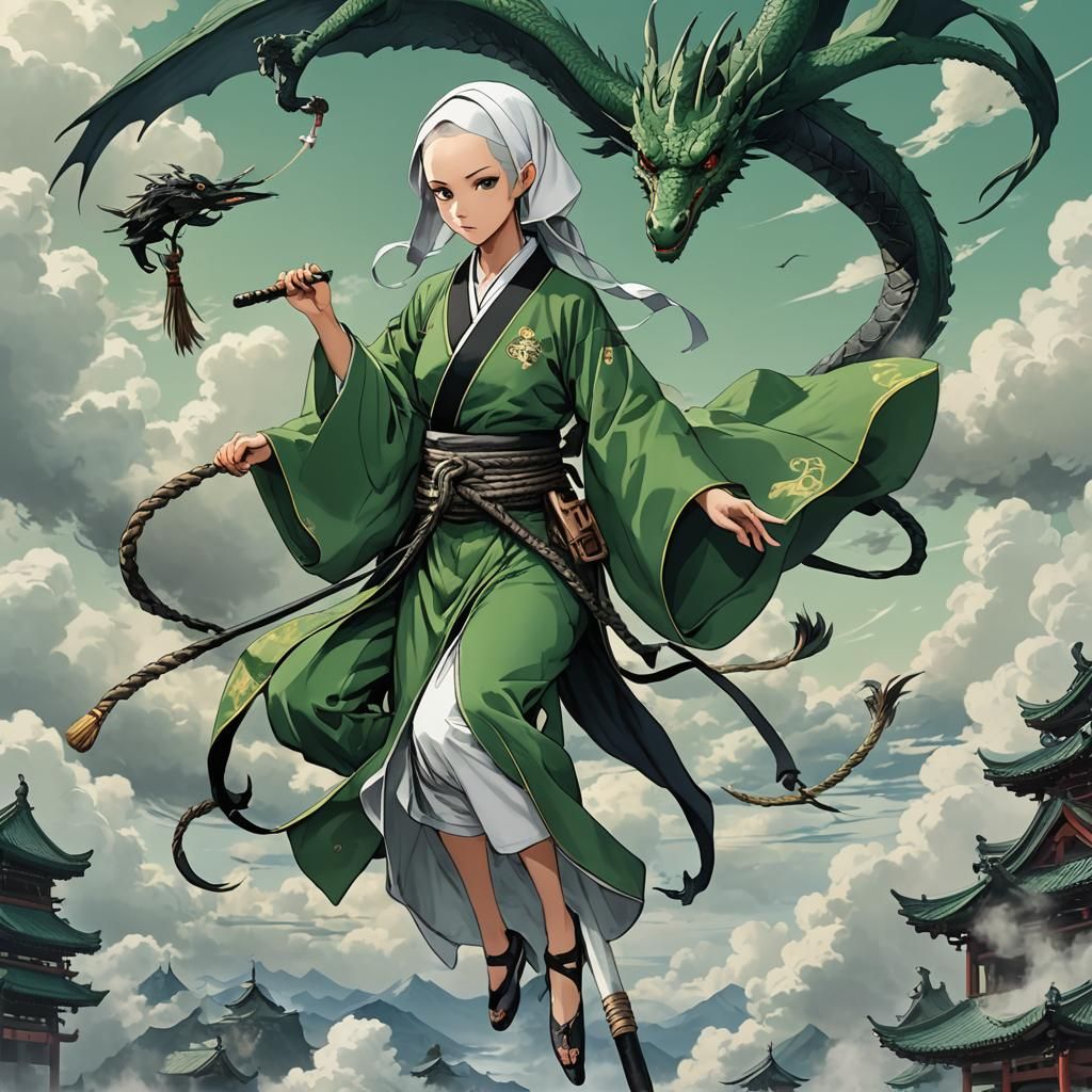 D&D Nun in Crane Pose with Dragon Kimono
