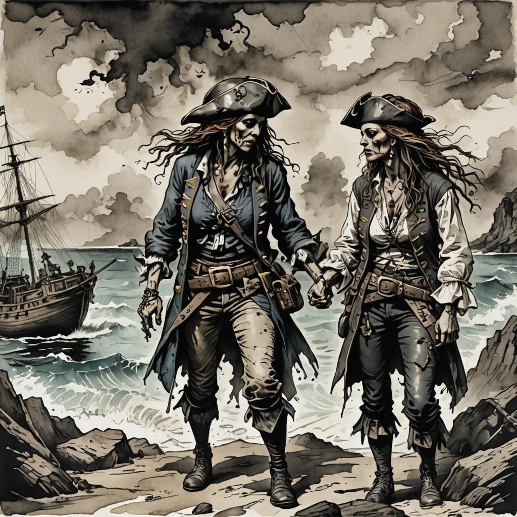 Pirate Women Marooned: Ink Art Seascape