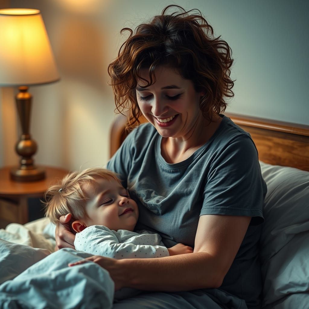 Weary Mother's Joyful Moment with Sleeping Child