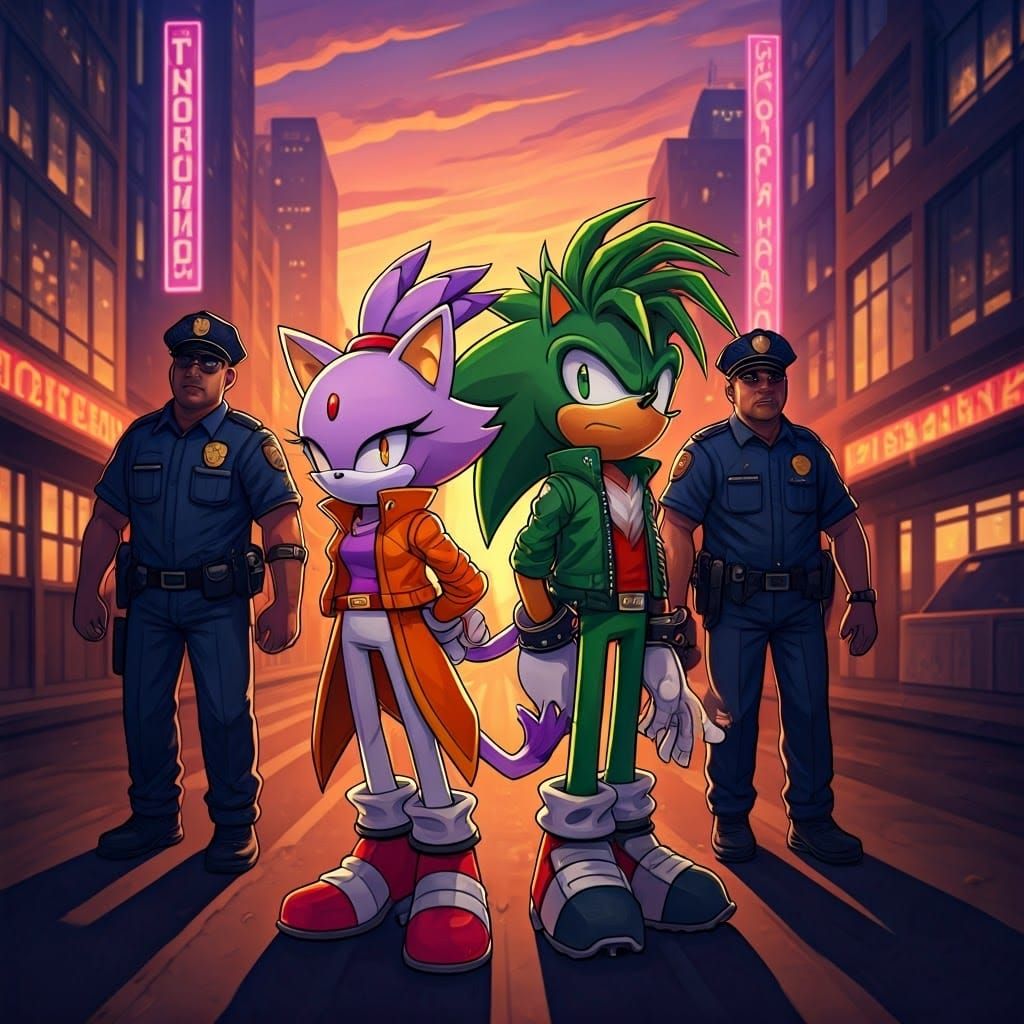 Sonic Characters Meet Justice in a Vibrant Sunset Scene