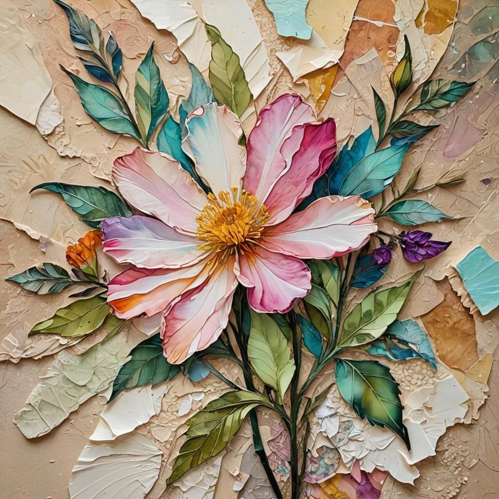 Art Deco Flower Collage with Torn Paper