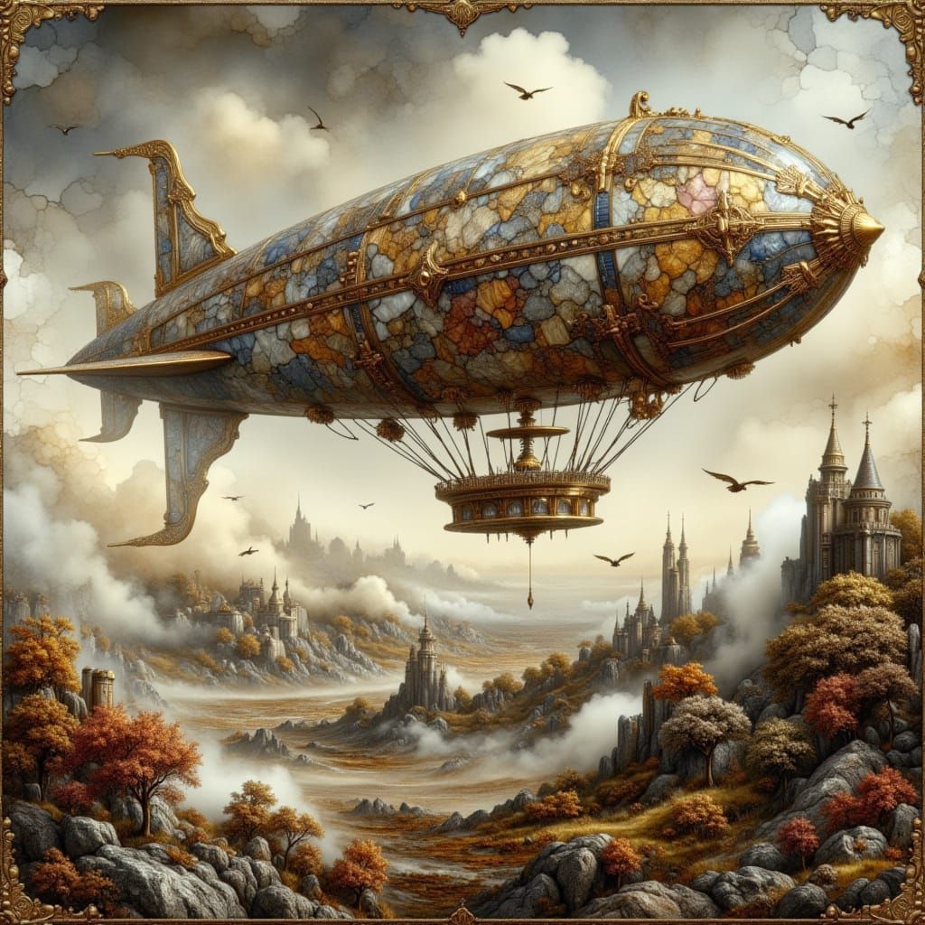 Victorian Steampunk Zeppelin Soars Over Industrial Landscape