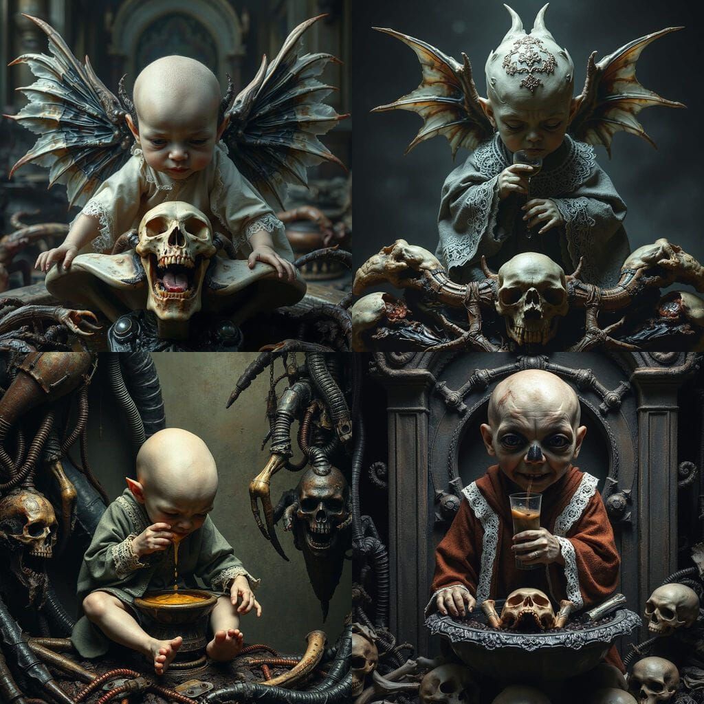 Horrific Monster Baby Sipping Nectar in Biomechanical Style