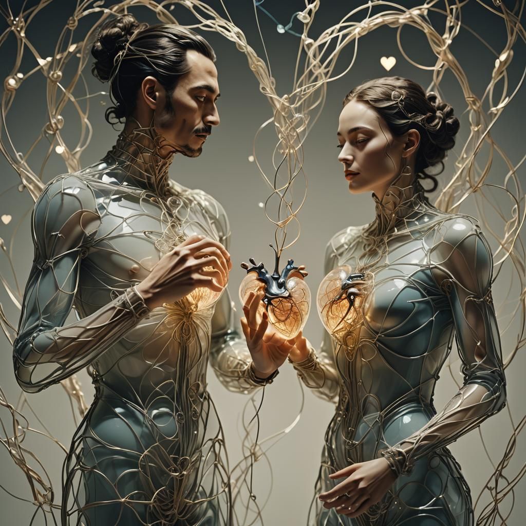 Glass Figures with Intertwined Hearts: A Surrealist Vision