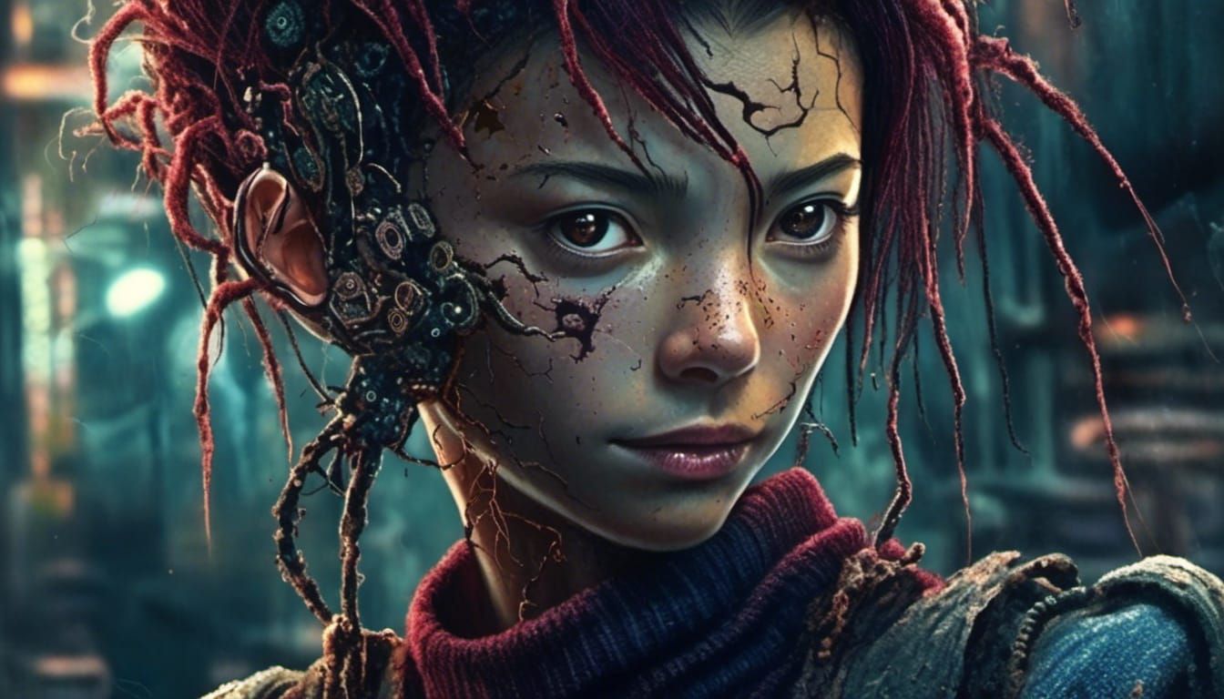 Biomechanical Cyberpunk Portrait of a Corroded Girl